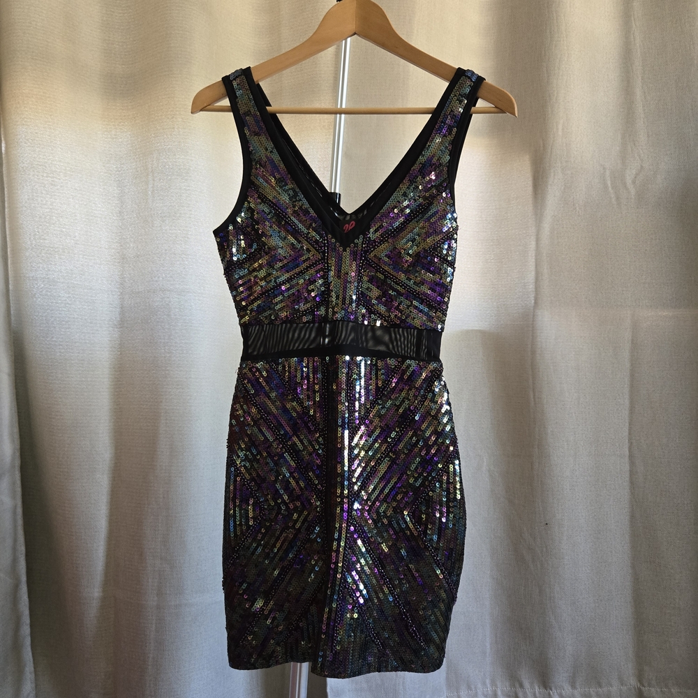 2B Bebe Black and Multicolor Sequin Mini Dress